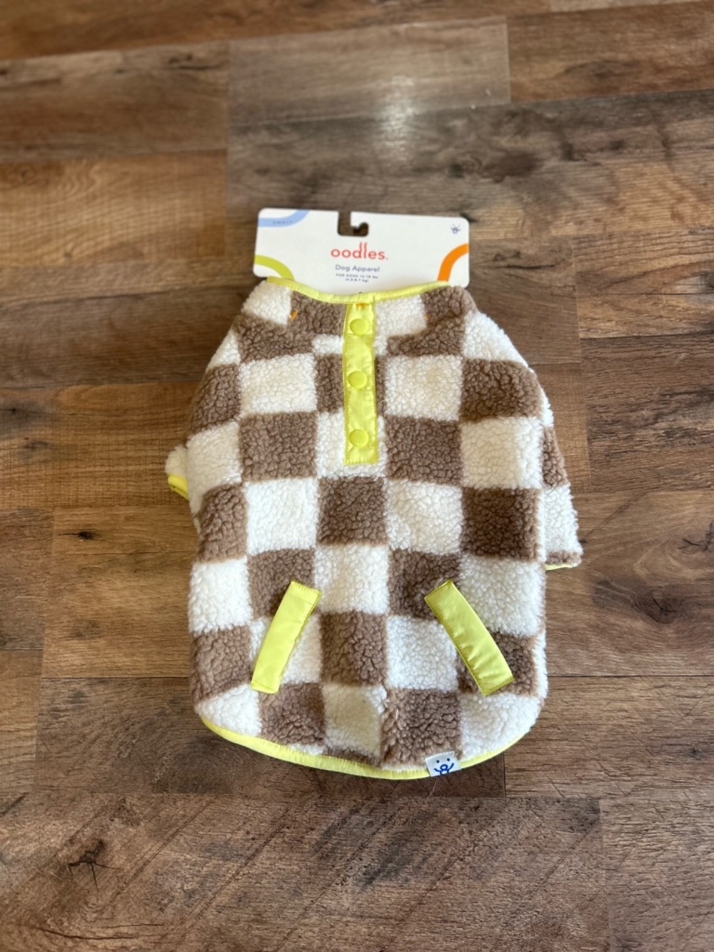 Oodles New W/tags Plush Checkerboard Dog Pullover Cream & Brown Yellow Trim Sz S